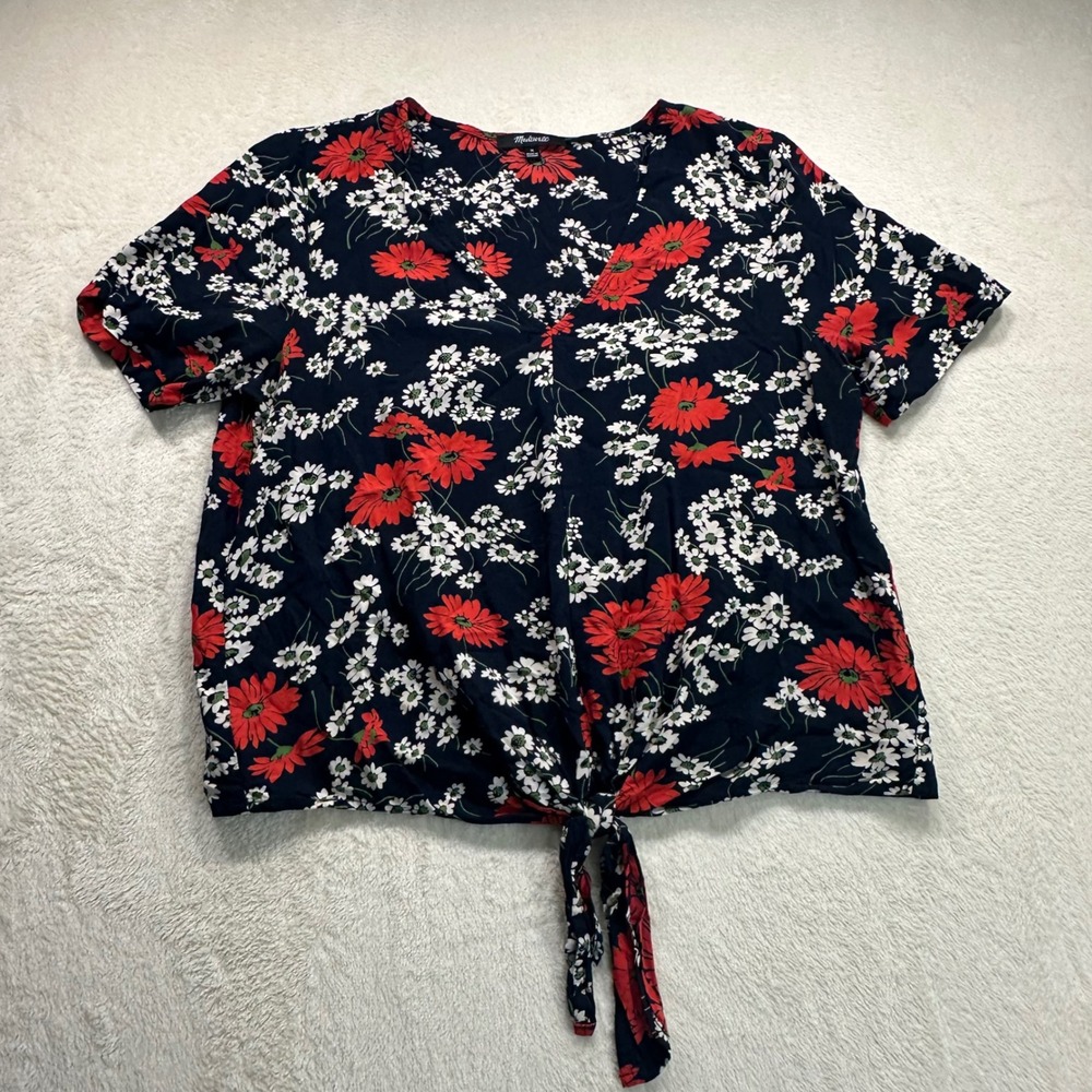 Madewell Tie Front Short Sleeve Floral Top Navy Red Daisy L1558 Medium